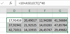 Gegenereerde getallen uit het interval [10,50)  met functie ASELECT.